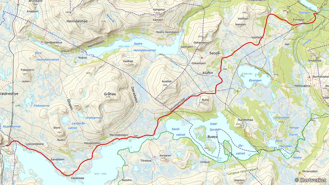 Kart over Jotunheimvegen, som er markert i rødt